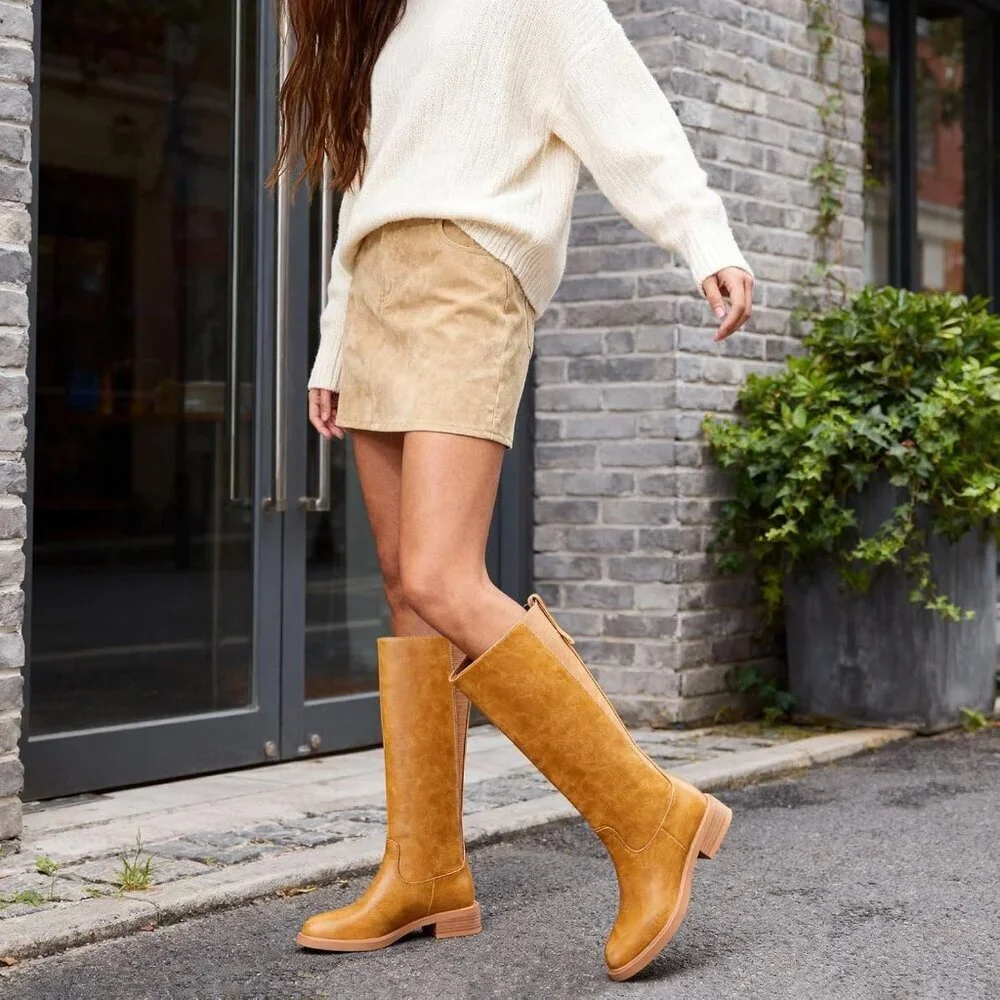 Women's A-banana Chunky Low Heel Pull On Riding Comfortable Knee High Boots